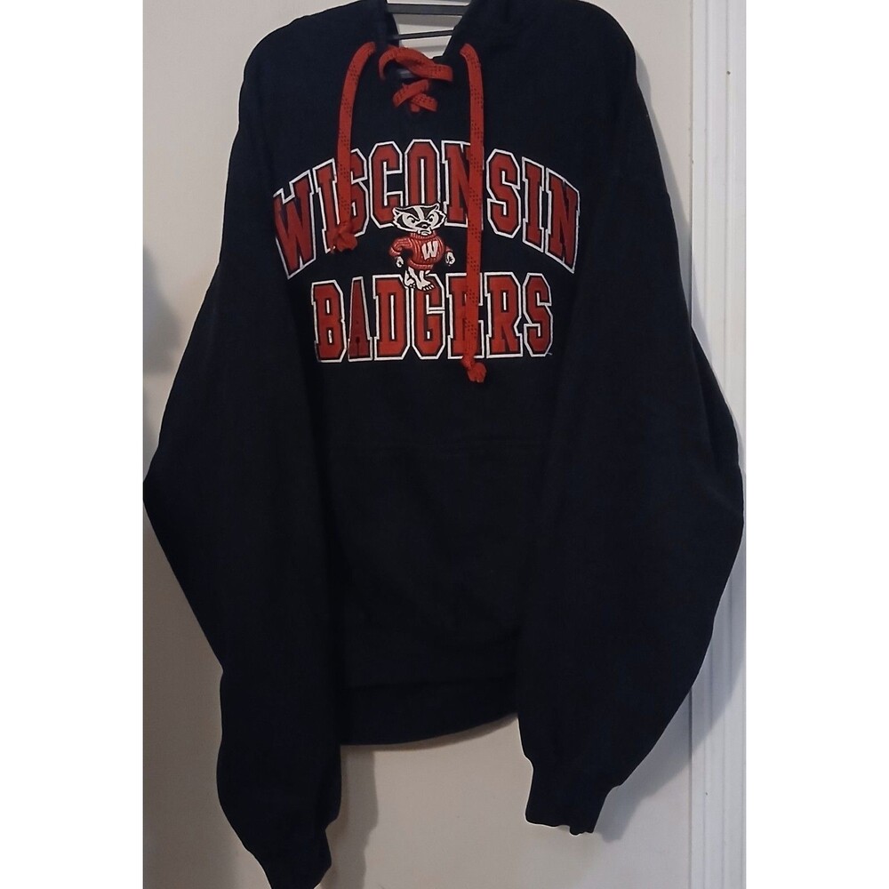 Wisconsin Badgers Lace Up Hoodie Mens 2XL Applique Embroidered NCAA Black